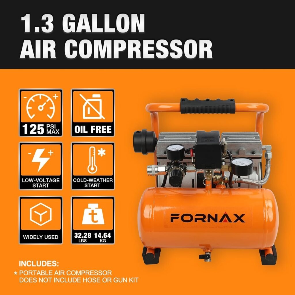 FORNAX Ultra Quiet Air Compressor, 1.3Gallon, 1HP, 65dB Silent Oil-Free Portable Compressor, PSI Max, 120V, for Tire Inflation, Nail Gun, Garage, Bike, Pneumatic Tools